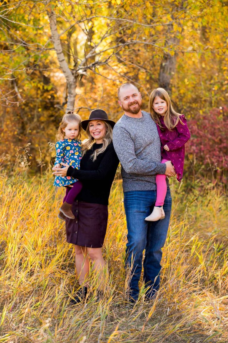 family portrait in the fall foliage in Bozeman, Montana